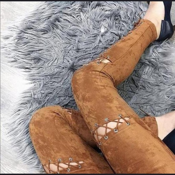 •LAST 2• Camel Faux Suede Lace-Up Leggings Pants - Picture 2 of 5